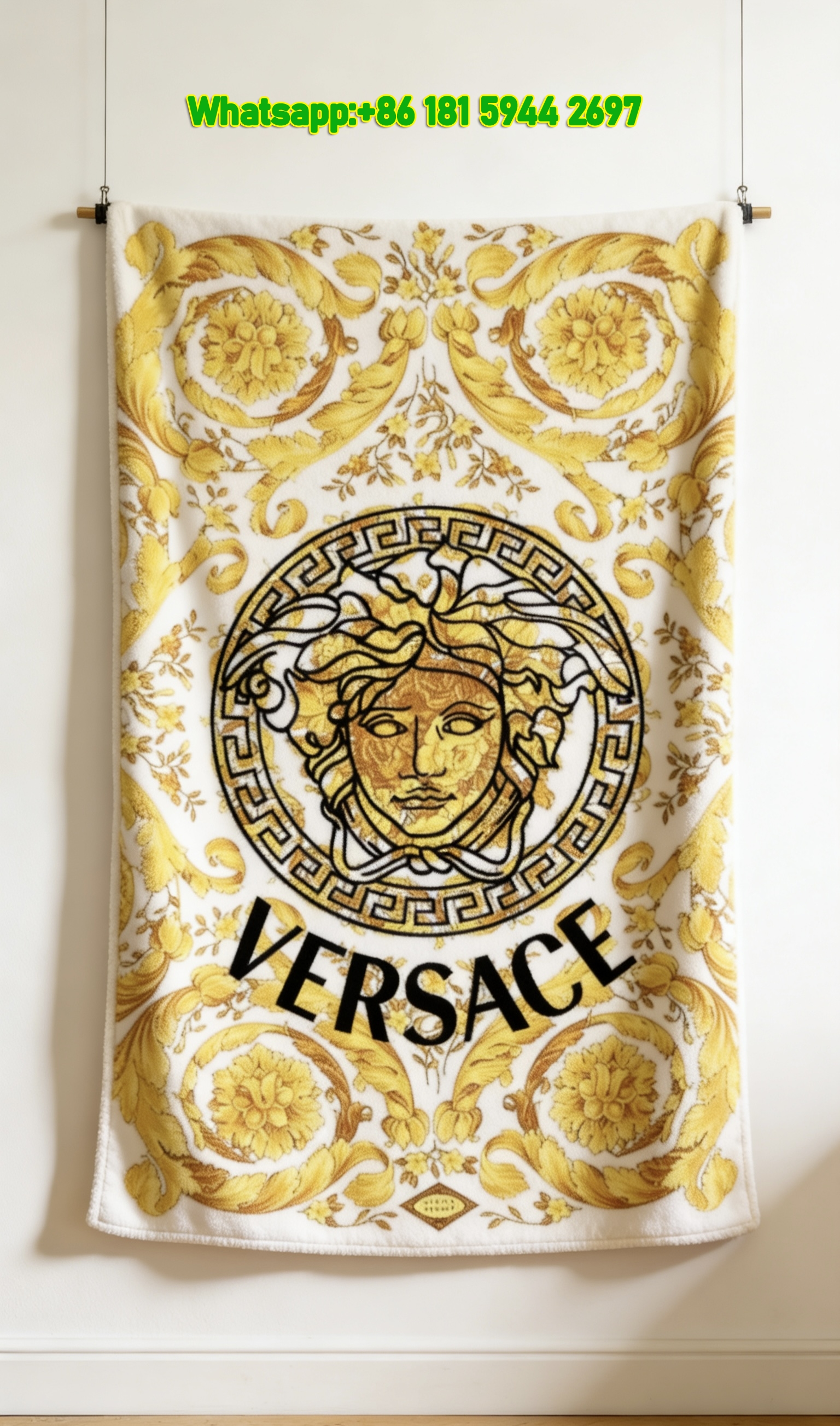 Versace White and Yellow Baroque Medusa Floral Flannel Throw Blanket IMG_1466